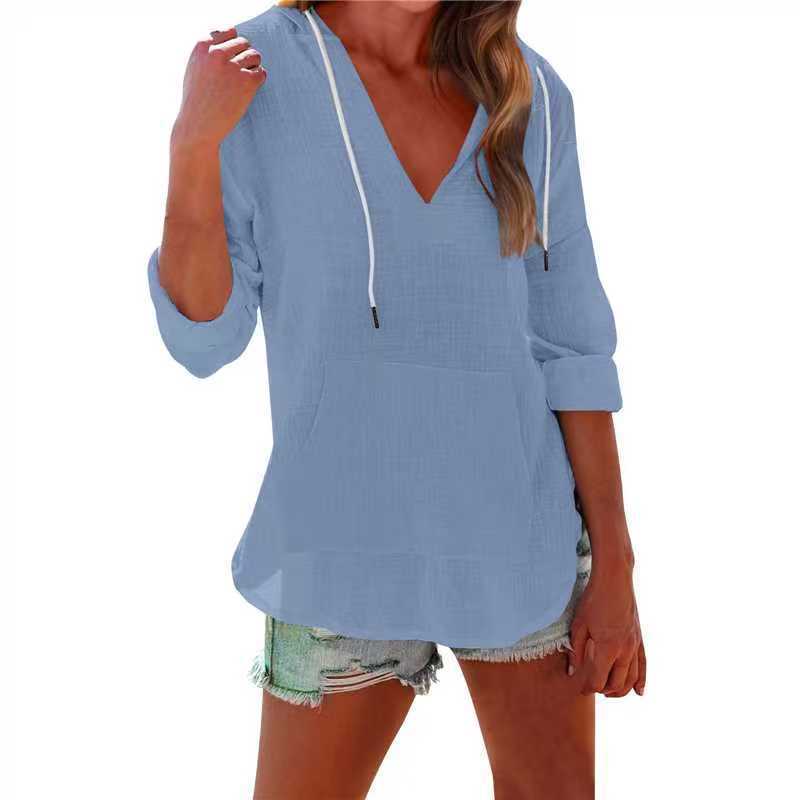 Beach cover-up hoodie, long-sleeved V-neck pocket women's shirt top