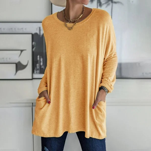 💞 Women's Round Neck Long Sleeve Loose Pocket T-Shirt