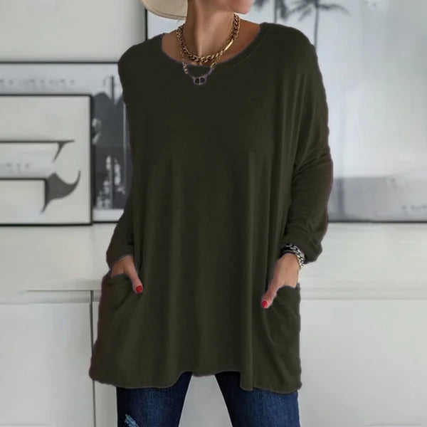 💞 Women's Round Neck Long Sleeve Loose Pocket T-Shirt