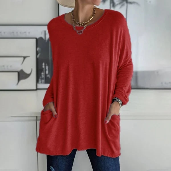💞 Women's Round Neck Long Sleeve Loose Pocket T-Shirt