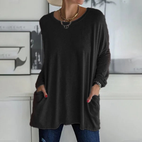 💞 Women's Round Neck Long Sleeve Loose Pocket T-Shirt