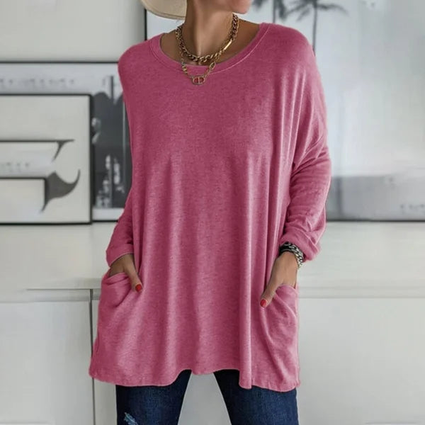 💞 Women's Round Neck Long Sleeve Loose Pocket T-Shirt