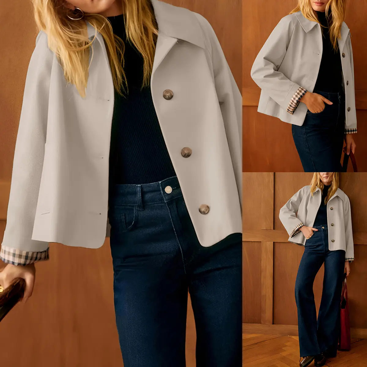 UANEO Womens Cropped Trench Coat with Checkered Lining