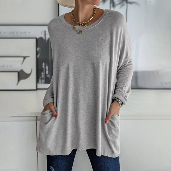 💞 Women's Round Neck Long Sleeve Loose Pocket T-Shirt