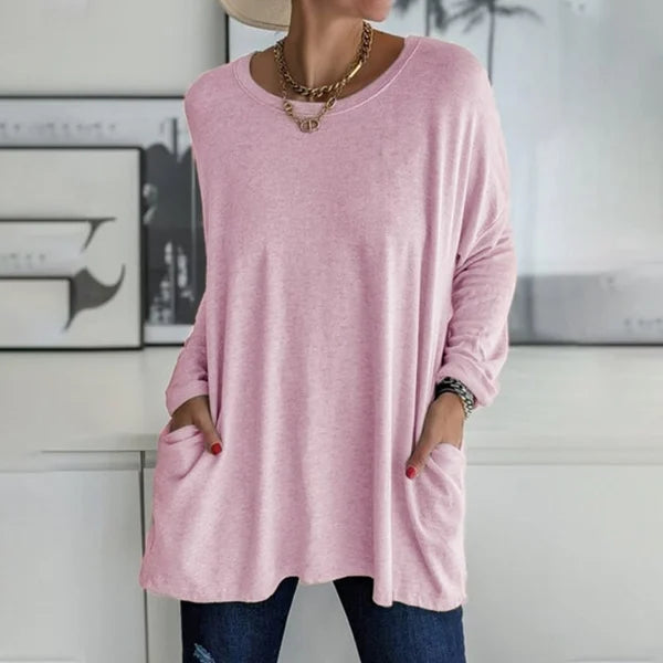 💞 Women's Round Neck Long Sleeve Loose Pocket T-Shirt