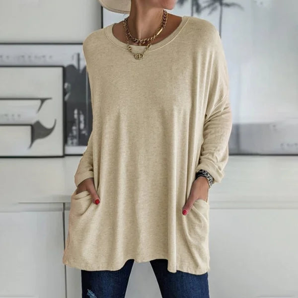 💞 Women's Round Neck Long Sleeve Loose Pocket T-Shirt