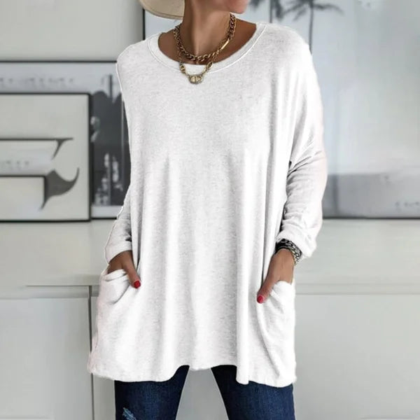 💞 Women's Round Neck Long Sleeve Loose Pocket T-Shirt