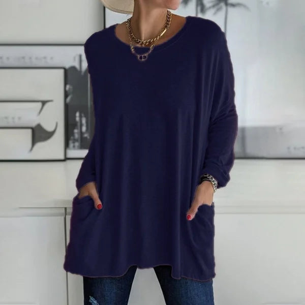 💞 Women's Round Neck Long Sleeve Loose Pocket T-Shirt