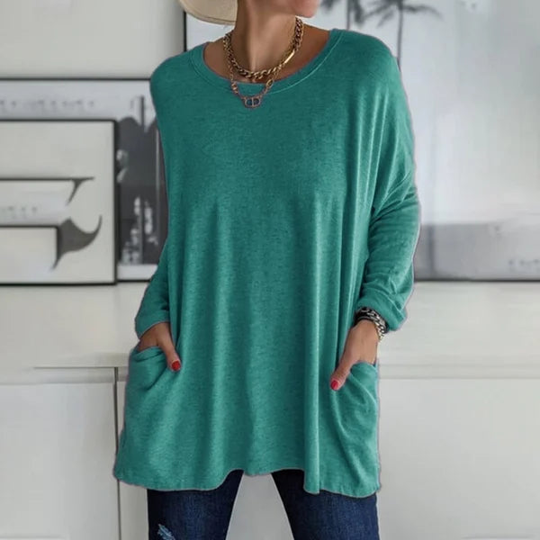 💞 Women's Round Neck Long Sleeve Loose Pocket T-Shirt