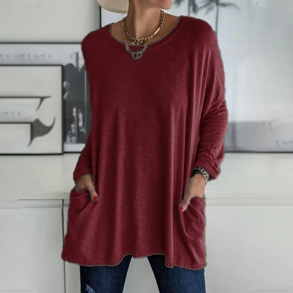 💞 Women's Round Neck Long Sleeve Loose Pocket T-Shirt