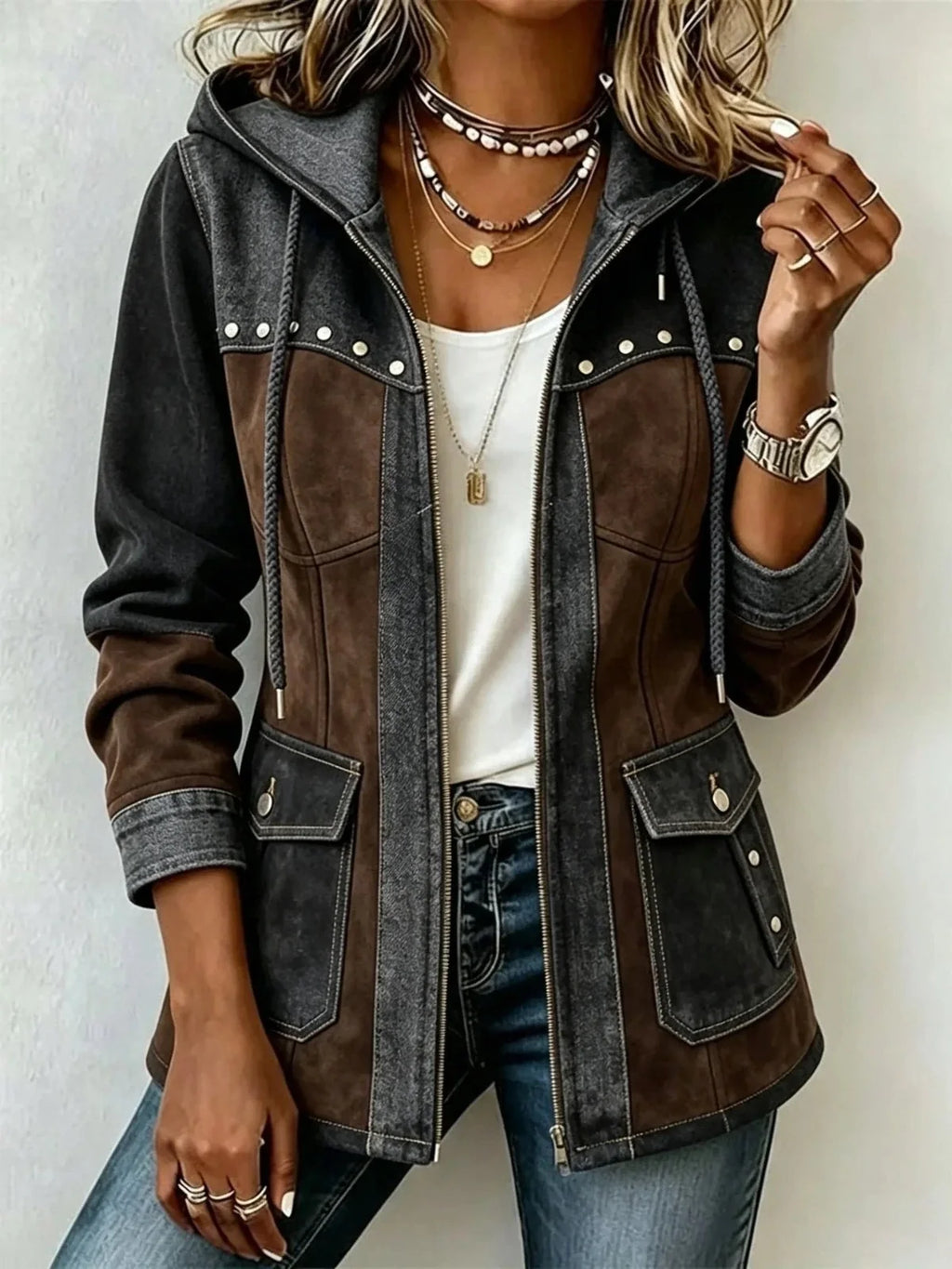 Patchwork style hooded jacket