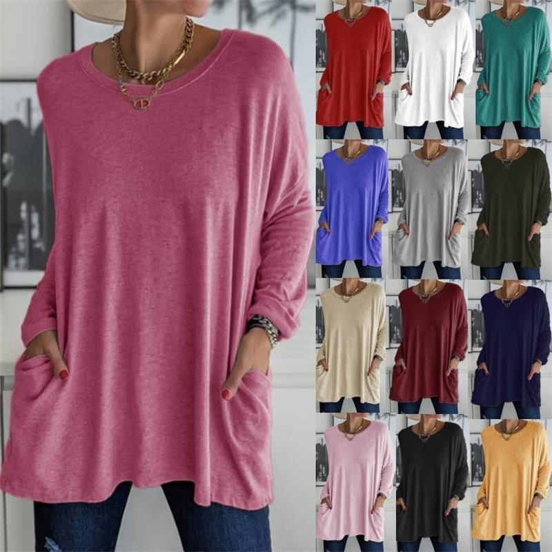 💞 Women's Round Neck Long Sleeve Loose Pocket T-Shirt